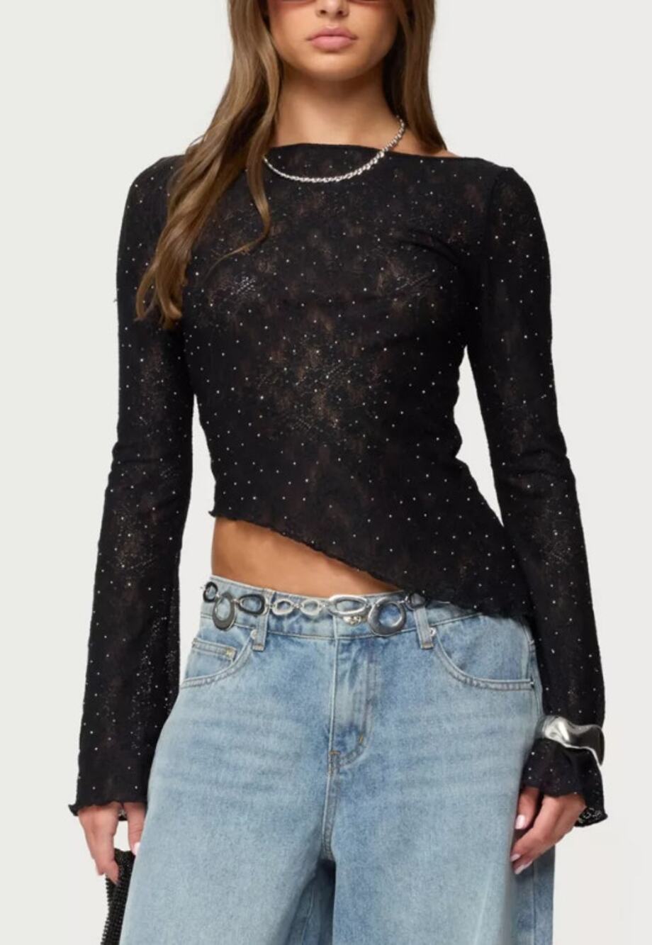 Edikted Mare Asymmetric Top Black NWT Gem Sheer Lace Long Sleeve Women's XS